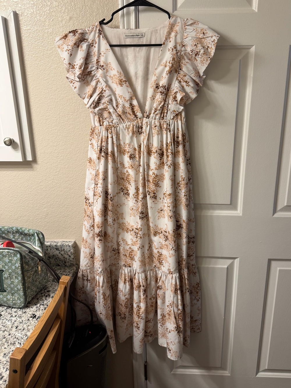 Abercrombie & Fitch White and Brown Floral Ruffle V-Neck Midi Dress